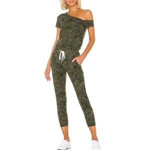 NEW n:PHILANTHROPY Britton One-Shoulder Crop Jumpsuit Moss Multi Camo Green